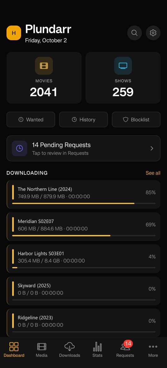 The Plundarr dashboard: library counts, pending requests and live download progress