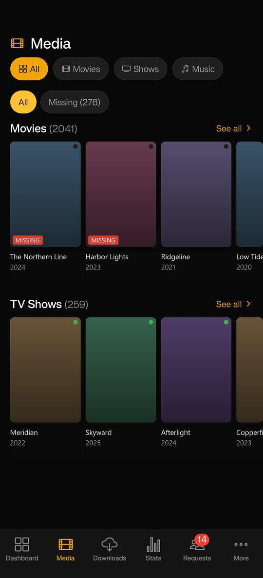The Plundarr media library with movie and TV show rows