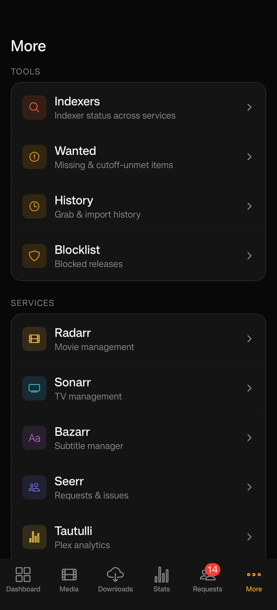 The Plundarr tools menu listing indexers, wanted, history and blocklist